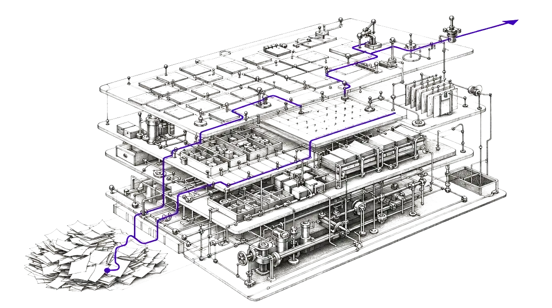 An isometric line drawing of a lattice of connected nodes with a single violet route threaded through it, from scattered inputs on one side to an ordered grid on the other.